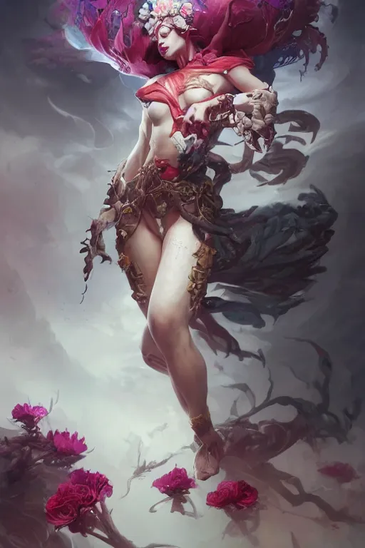 Prompt: beautiful girl necromancer covered with blood heaven clouds and storm, 3 d render, hyper realistic detailed portrait, holding magic flowers, scifi, fantasy, hyper detailed, octane render, concept art, peter mohrbacher, artgerm, ruan jia, wlop