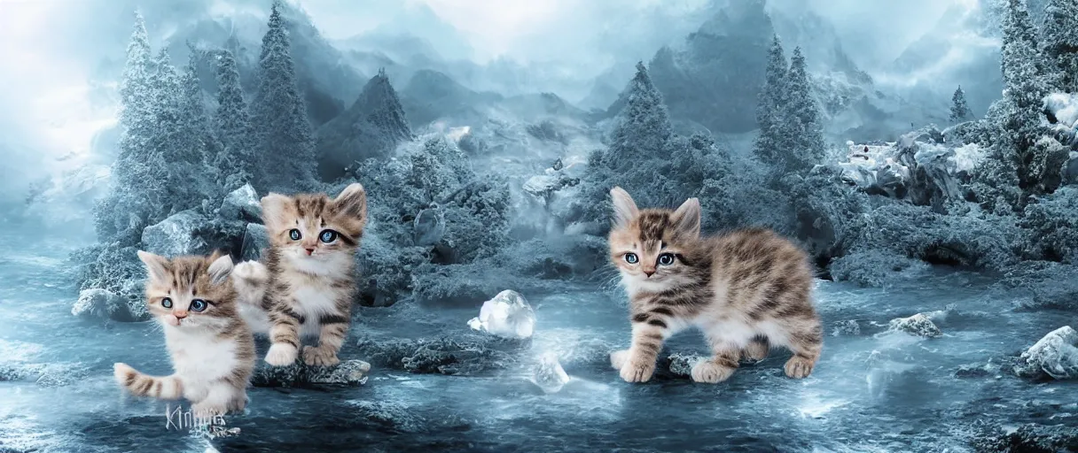 Prompt: Kitten army realistic 4k fantasy world water trees mountains ice snow fog