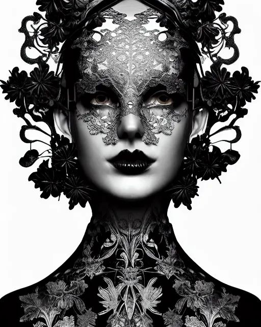 Image similar to masterpiece monochrome profile portrait painting, dutch masters, silver lace floral steampunk biomechanical beautiful one techno eye young female cyborg, big monocular, volumetric light, leaves foliage and stems, hibiscus flowers, by cecile beaton, rim light, big gothic fashion pearl embroidered collar, 8 k