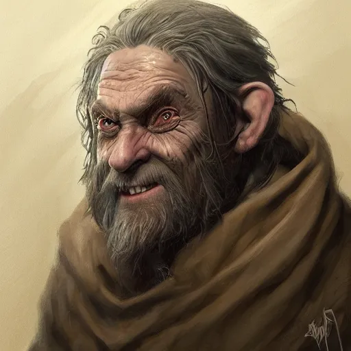 Image similar to a detailed matte head - on portrait painting of an ugly old hobbit man, with a large scar and missing teeth portrait by charlie bowater, lise deharme, wlop, tending on arstation, dungeons and dragon, dnd, pathfinder, fanart, oil on canvas