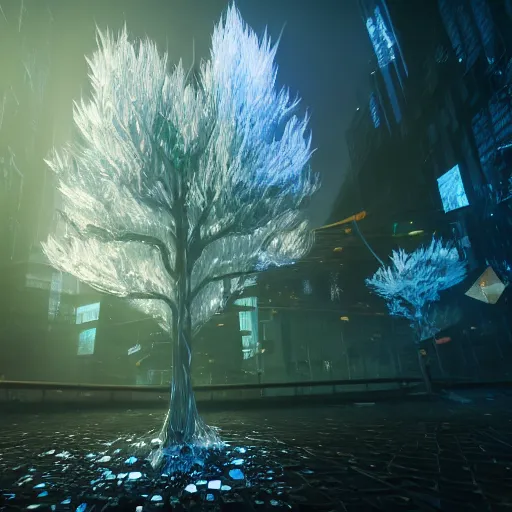 Prompt: crystal tree splash cyberpunk, extremely gloomy lighting, shining light and shadow, atmospheric, cinematic, unreal Engine, trending artstation hyperdetailed 8K