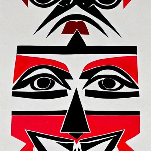 Prompt: broad strokes black and white and red color scheme geometric girl and raven , high quality art in the style of pacific northwest HAIDA art,