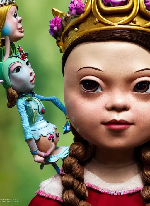 Prompt: closeup face profile portrait of greta thunberg as a tin toy fairytale princess wearing a crown eating cakes, bikini, depth of field, zeiss lens, fashion photoshoot, by nicoletta ceccoli, mark ryden, lostfish, dan decarlo, bob clampett, max fleischer, breathtaking, detailed, hyperrealistic, octane render