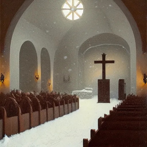 Image similar to large goat horns inside a church, snow falling, large glowing cross, painted by Quint Buchholz and Carl Gustav Carus