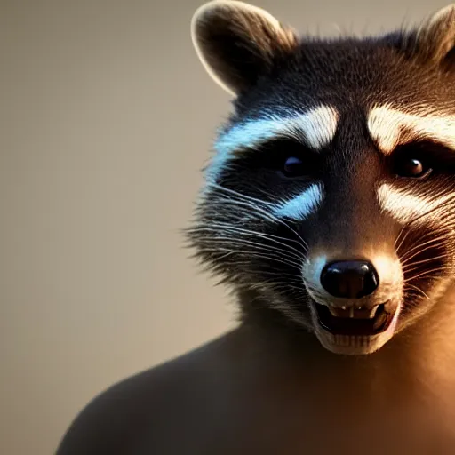 Prompt: a portrait of a devious racoon, cinematic lighting, 8k, 3d rendered in octane, trending on cgsociety,