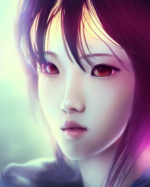 Prompt: official hd photo portrait of kpop idol girl closeup tired and angry by squareenix trending on artstation skeb pixiv cinematic backlit smoke noir technoir detailed