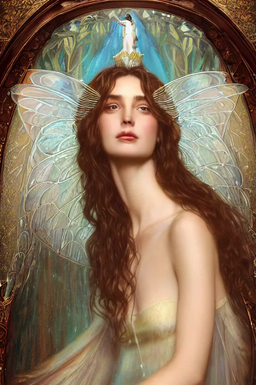 Image similar to a portrait of elegant beautiful queen of the water fairies, gossamer wings, long hair, gown made of ocean waves, illustration, dramatic lighting, soft details, painting oil on canvas, art nouveau, octane render, HDR, 4k, 8k, HD, by Edmund Blair Leighton, Brom, Charlie Bowater, faces by otto schmidt