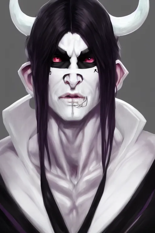 Prompt: human male demon,slim white purple, black eyes, white horns,focus, closup, black hair, portrait, hero, character concept art, costume design, trending on artstation, Artgerm , WLOP