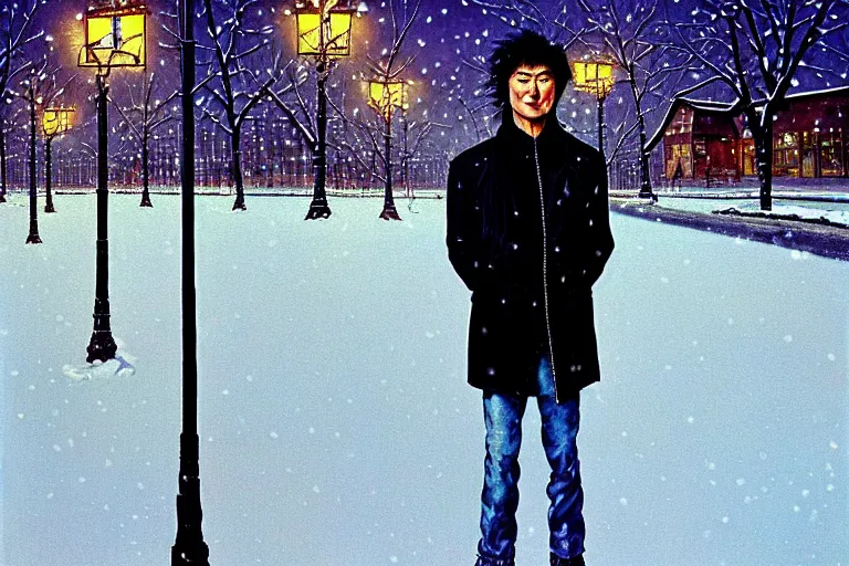 Prompt: beautiful snow - covered victor tsoi korean from back standing on alley with street lamps in park with pines to the horizon, dressed in short leather jacket, snowfall at night, 1 9 8 0 s mullet haircut, black hairs, half - length portrait, perfect symmetrical eyes, cinematic by norman rockwell, painting, digital art, detailed, hyperrealism, igla