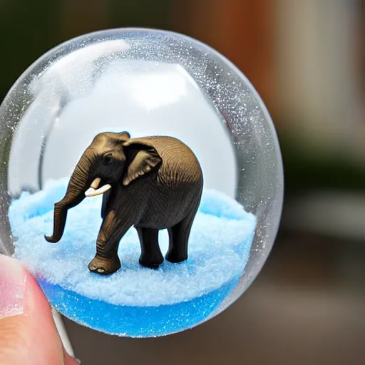 Prompt: a photograph of an elephant inside a snow globe toy, detailed photograph