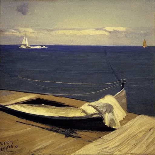 Prompt: “ a sailboat on the hudson river, mount beacon in the background, hudson river school, by george bellows ”