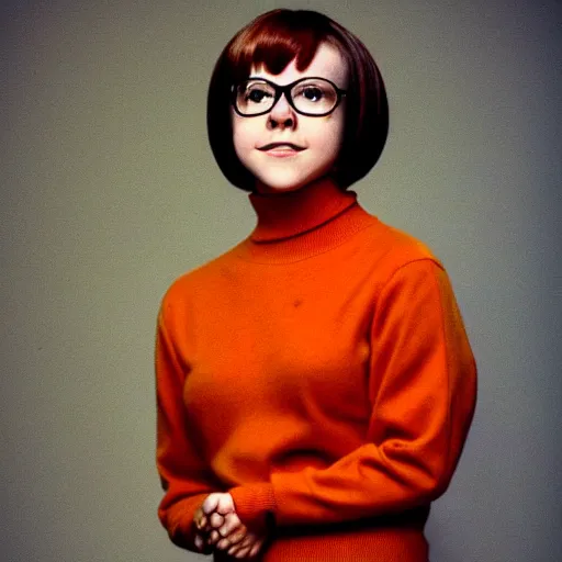 Image similar to Stunning Real Life Beautiful Portrait Scene of Velma Dinkley wearing her iconic orange sweater from Scooby Doo in court for falsely accusing someone of being a criminal by Greg Rutkowski. Velma is a teenage female, with chin-length auburn hair and freckles. She is wearing a baggy, thick turtlenecked orange sweater, with a red skirt, knee length orange socks and black Mary Jane shoes. Soft render, Pixiv, artstation
