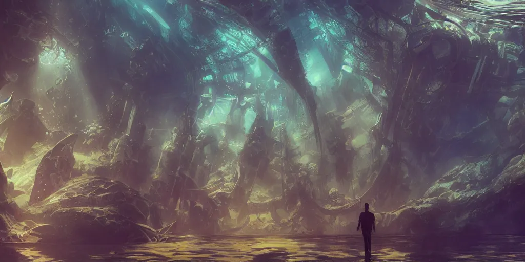 Image similar to an underwater landscape in the abyss, futuristic cathedral underwater, photorealistic, people, fishes, light rays from above the surface, realistic paint, specular light, high contrast, highly detailed, 4k, shallow depth of field, cinematic light, concept art, artstation, art by Enrich Victor, Alphonse Mucha