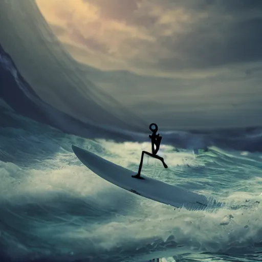 skeleton riding a surfboard over a wave, digital art,, Stable Diffusion