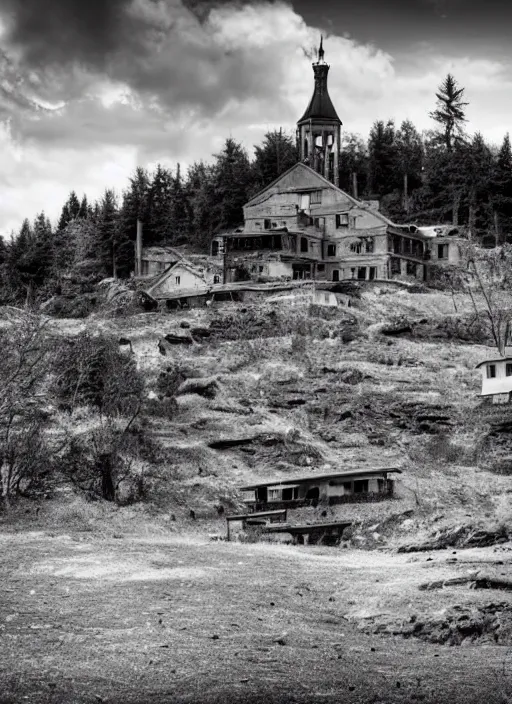 Prompt: old lost footage in black and white of a sanatorium on a beautiful mountain,hyper realistic 8K HD real life photo