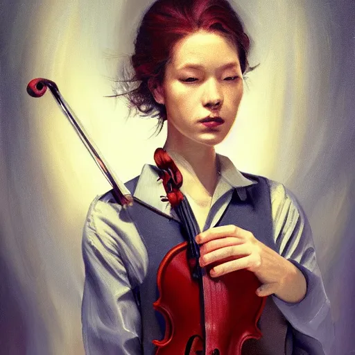 Image similar to violin character playing a woman, oil painting, artstation, dramatic lighting, symmetry, beautiful