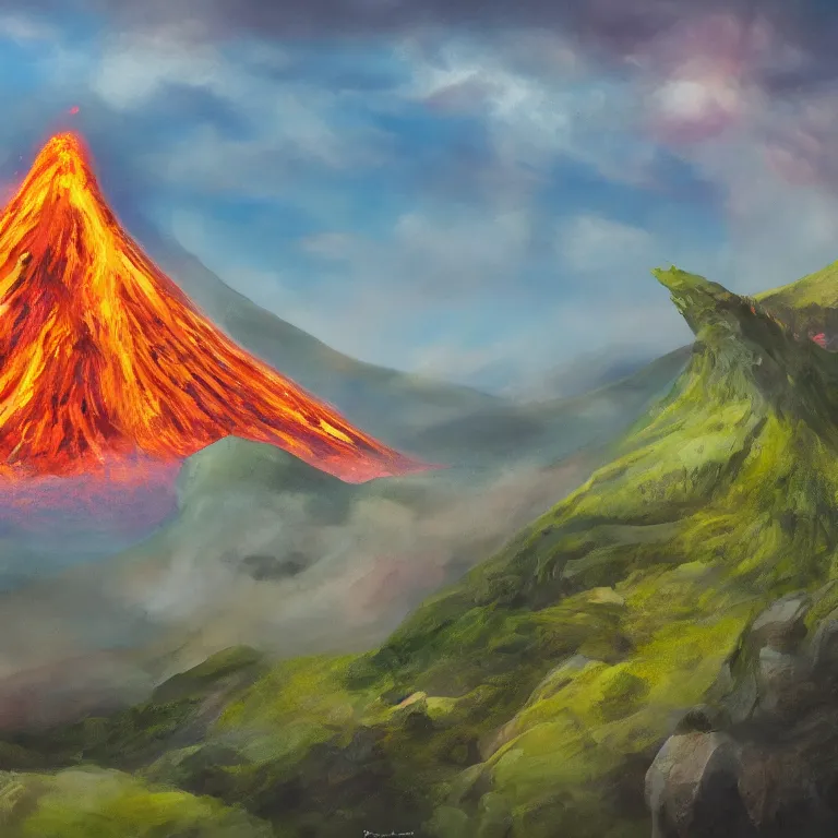 Image similar to a painting of a volcano from which come out flowers and stars exotic plants, all this happens in some kind of fantasy world, almost like in the sky or all in the amazing outdoors view, long exposure, 8 k resolution, trending on artstation