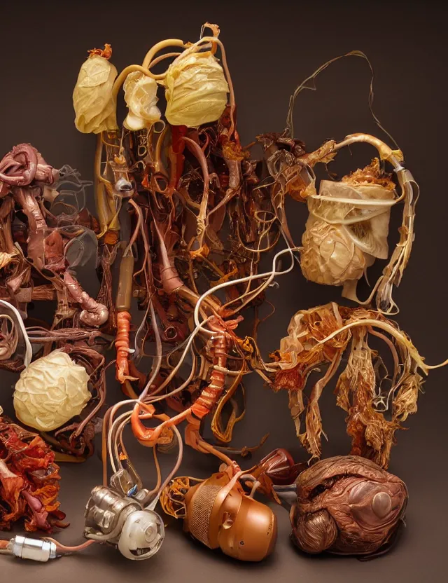 Image similar to a well - lit studio photograph of various earth - toned plastic translucent artificial hearts and organs, some wrinkled resembling reddish brown plastic cabbage, some long, various sizes, textures, and transparencies, beautiful, smooth, layered detailed, intricate art nouveau internal anatomy model