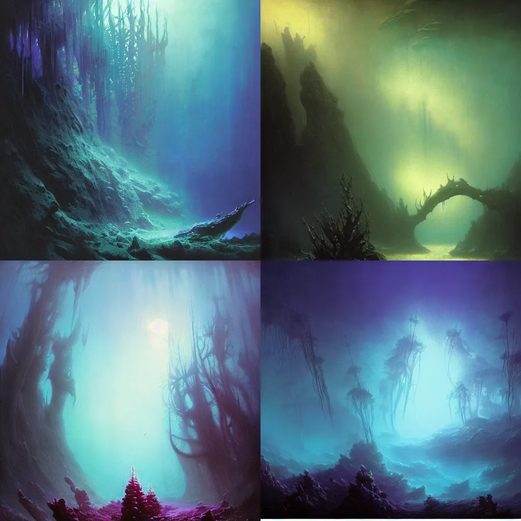 Prompt: An epic underwater forest, by Wayne Barlowe, by Ivan Aivazovsky, by Bruce Pennington, by Paul Lehr, masterpiece, oil on canvas, trending on artstation, top on pixiv, cinematic composition, dramatic scene, beautiful aesthetic lighting, artgem, horror, fantasy, concept art, sharp, high details, hyper-detailed, astrophotography, no frames, 8K