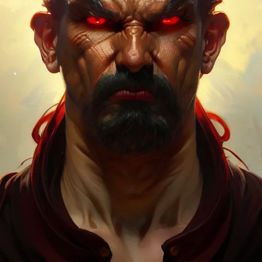 Image similar to face portrait of angry male demon, realistic, high qulity, 4 k, sharp fucos, tranding on art station, illustration, art by artgerm and greg rutkowski and alphonse mucha