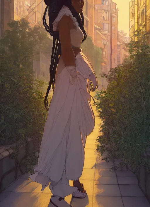 Image similar to pretty young black woman with long hair walking down a city street at dusk, path traced, highly detailed, high quality, digital painting, by studio ghibli and alphonse mucha, leesha hannigan, makoto shinkai, disney