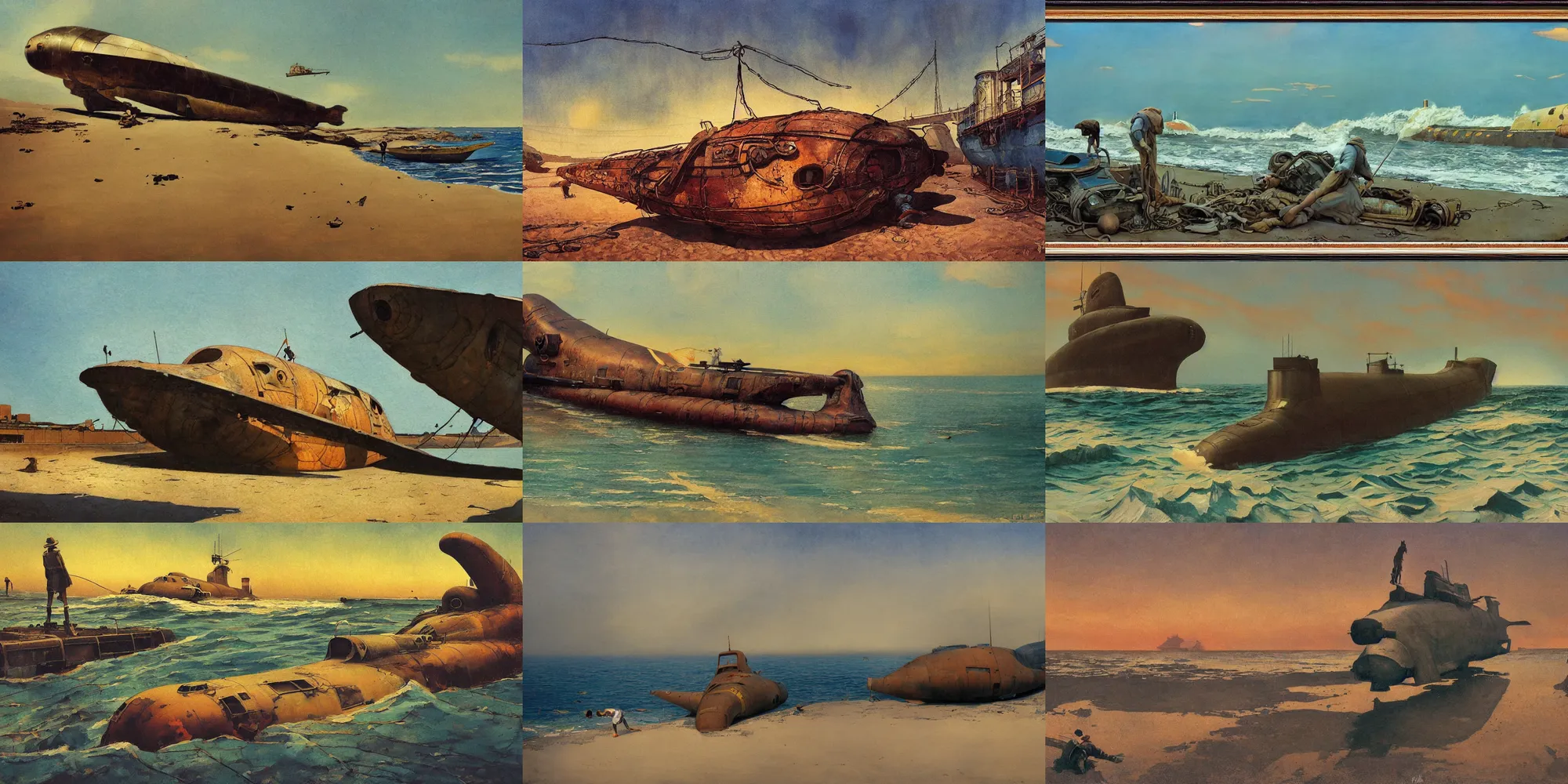 Prompt: nc wyeth painting, ultra wide, vanishing point, 3 d perspective, beached submarine, incredible, award winning, up close, climbing, beaching, rust, sadness, golden hour, shinjuku junk town