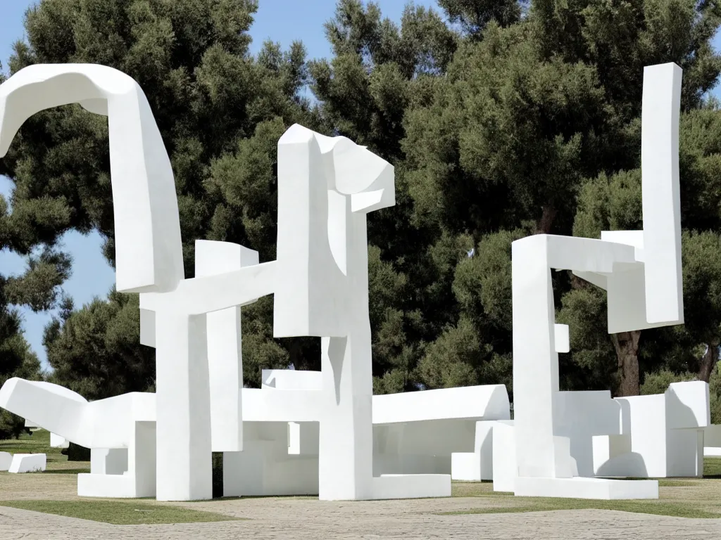 Image similar to huge white plastic sculpture by eduardo chillida on a mediterranean town square