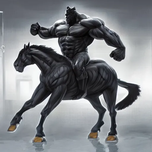 Prompt: splash art of a hulking muscular black - coated anthropomorphic horse supersoldier in a research facility wearing a combat kevlar outfit, highly detailed, furry, furaffinity, exaggeratedly buff physique, digital painting, artstation, illustration, art by artgerm, greg rutkowski, sakimichan