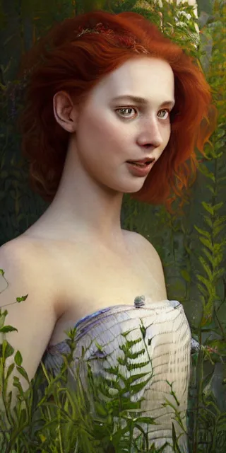 Image similar to young woman, smiling amazed, firefly lights, full covering intricate detailed dress, amidst nature, long red hair, precise linework, accurate green eyes, small nose with freckles, beautiful oval shape face, empathic, expressive emotions, dramatic lights, hyper realistic ultrafine art by artemisia gentileschi, jessica rossier, boris vallejo