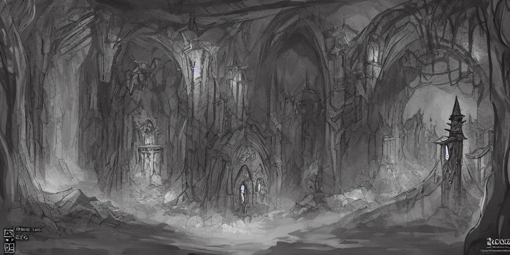 Prompt: one black gothic citadel in an underdark cavern, concept art