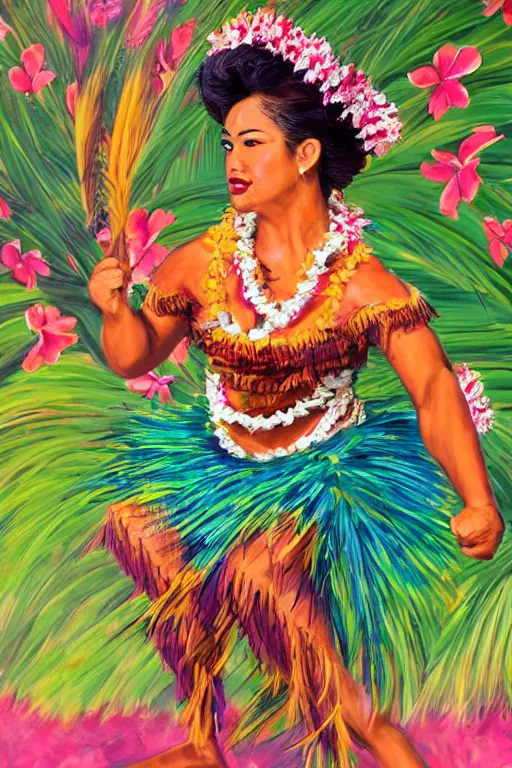 Image similar to traditional hawaiian hula dancer, high detail, beautiful background