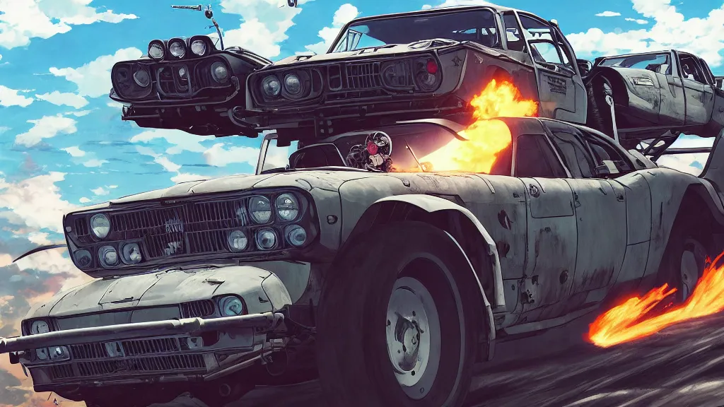 Image similar to anime illustration of mad max's fj 4 0 pursuit special, the last v 8 interceptor driving down to the gates of valhalla highway, riding fury road eternal shiny and chrome, world of fire and blood, by makoto shinkai, ilya kuvshinov, lois van baarle, rossdraws, basquiat, global illumination ray tracing hdr