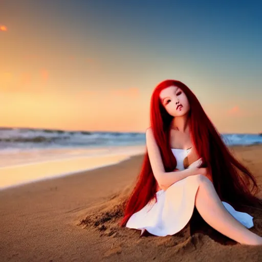 Prompt: An anime girl with long red hair in a white silky dress sitting in the sand on a beach at sunset