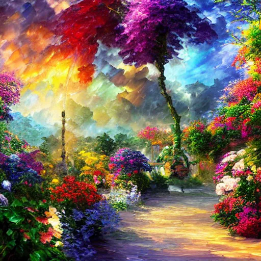 Prompt: skies iridescent garden vibrant colors detailed ornate digital art 8 k by john howe, leonid afremov, james christensen, frank gehry, thomas kinkade