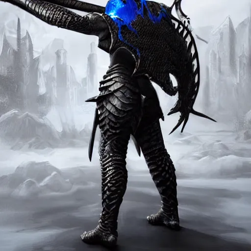 Prompt: detailed hypperrealistic artstation render, full body front view of a scaly black cloaked man, wearing a metal knights helmet, carries a large knights blue greatsword in his hands, in addition tentacles emerge from his back like wings