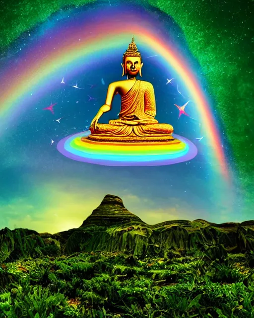 Image similar to the most beautiful star system, sky full of brightly coloured starts, inside of an expansive cave, green tara buddha with a crown of rainbow clouds, floating above a clear mirrored lake, coherent design, symmetrical, vivid color, complementary color, golden ratio, detailed, sharp lines, intricate, rainbowshift, by in unreal engine, nvidia, octane render