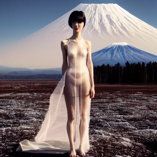 Prompt: a instax photo of fuji mountain, a tall japanese girl in a transparent sheer fabric dress against the background of fuji mountain, perfect faces, fine details, severe snow, full body shot, perfect symmetrical body, coherent symmetrical eyes, by peter kemp, by monia merlo, hyperrealistic, hyperdetailed, octane render, 8 k