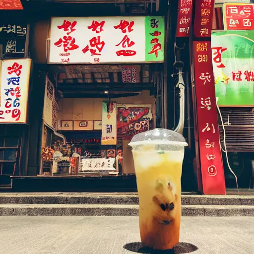 Prompt: capybara drinking bubble tea in cyberpunk seoul