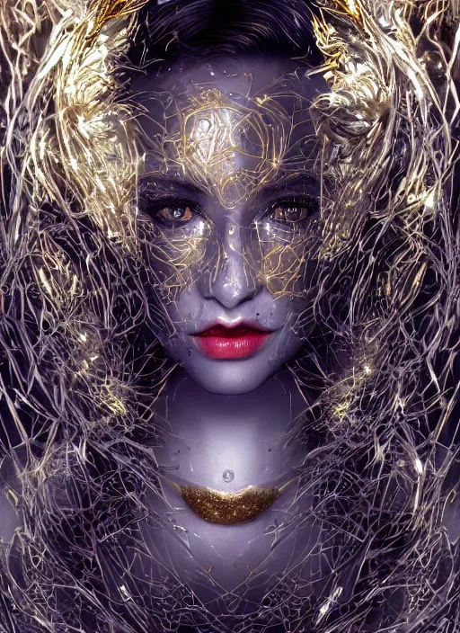 Prompt: glowing silver and golden elements, full close-up portrait, vector dark witch from shutterstock, book cover, green forest, white moon, red lips, establishing shot, extremly high detail, photo-realistic, cinematic lighting, pen and ink, intricate line drawings, by Yoshitaka Amano, Ruan Jia, Kentaro Miura, Artgerm, post processed, concept art, artstation, matte painting, style by eddie mendoza, raphael lacoste, alex ross