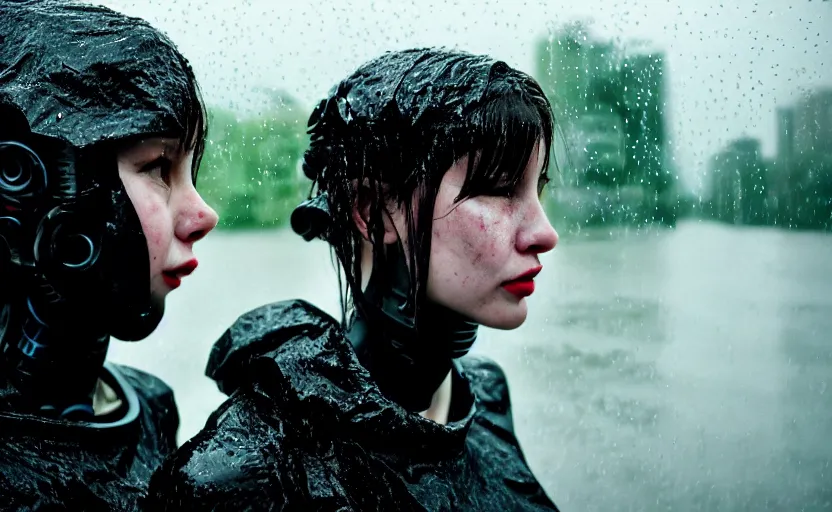 Image similar to cinestill 5 0 d candid photographic portrait by helen levitt of two loving female androids wearing rugged black mesh techwear in treacherous waters, extreme closeup, modern cyberpunk moody depressing cinematic, pouring rain, 8 k, hd, high resolution, 3 5 mm, f / 3 2, ultra realistic faces, ex machina