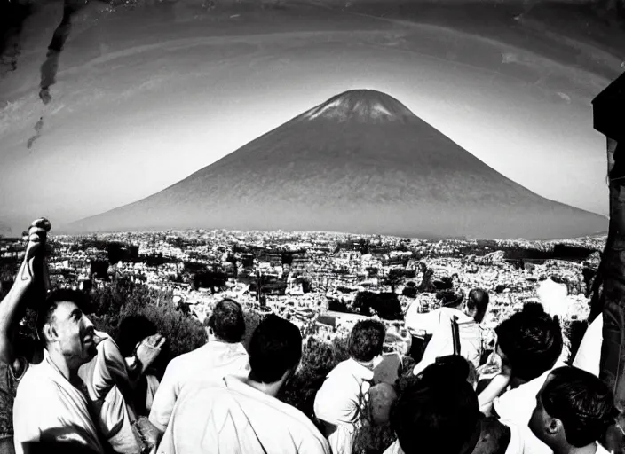 Image similar to quality old photo of average greeks drink wine and have fun against the backdrop of mount vesuvius starting to erupt by sebastian salgado, fisheye 4, 5 mm, diffused backlight