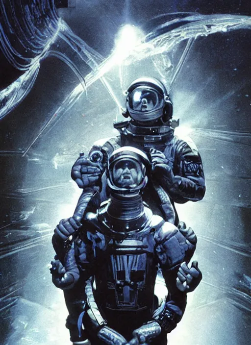 Image similar to astronauts in dark and empty void underwater - complex and hyperdetailed technical suit. reflection and dispersion materials. rays and dispersion of light. volumetric light. 5 0 mm, f / 3 2. noise film photo. flash photography. ultra realistic, wide angle. poster by wayne barlowe, hajime sorayama aaron horkey, craig mullins