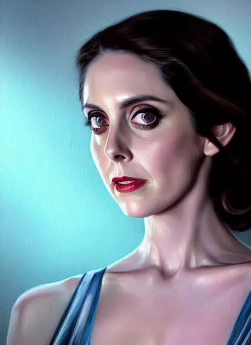 Image similar to evil Alison Brie in her best gala clothes staring in amusement at you. soft detailed painting at 16K resolution and amazingly epic visuals. epically beautiful image. amazing effect, image looks gorgeously crisp as far as it's visual fidelity goes, absolutely outstanding. vivid clarity. ultra detail. iridescent. mind-breaking. mega-beautiful pencil shadowing. beautiful face. Ultra High Definition. soft shading. soft texture. intensely beautiful.