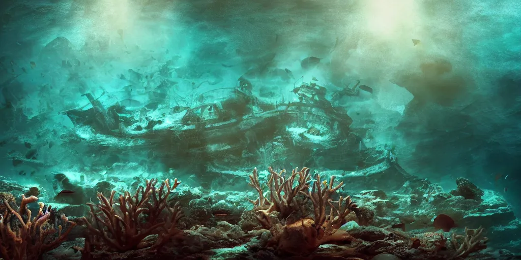 Image similar to underwater shipwreck!!! surrounded by coral and dolphins and sea turtles, caustics, shallow depth of field, moody lighting, 8 k, concept art,