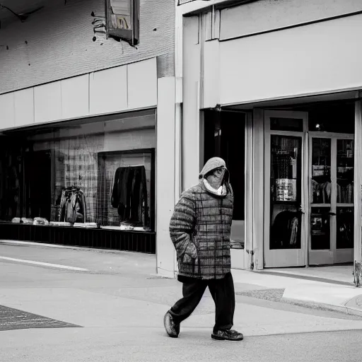 Image similar to a man walking downtown on the sidewalk in front of a clothing store in the style of vivian maier