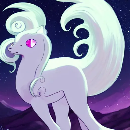 Image similar to Alolan Ninetales shiny, standing on an snowy hill with an aurora borealis in the night sky