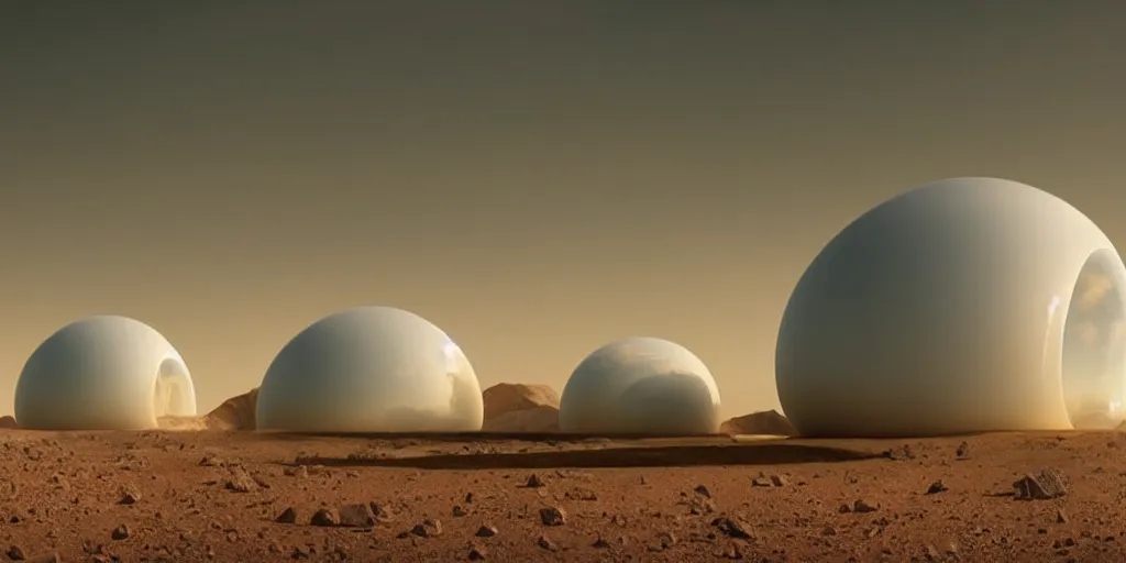 Prompt: a strange huge transparent pvc inflated organic architecture building white by jonathan de pas sits in the planet mars landscape, golden hour, film still from the movie directed by denis villeneuve with art direction by zdzisław beksinski, close up, telephoto lens, shallow depth of field