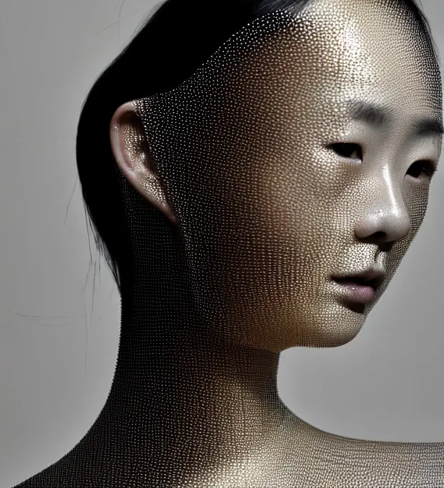 Image similar to photography face profil portrait of a beautifull asian woman, half in shadow, natural pose, natural lighting with rim light, no flash, wearing an ornate transparent and metallic original creative dress with coloth convolution by iris van herpen, highly detailed, skin grain detail, high detail, photography by by paolo roversi, creativity in fashion design