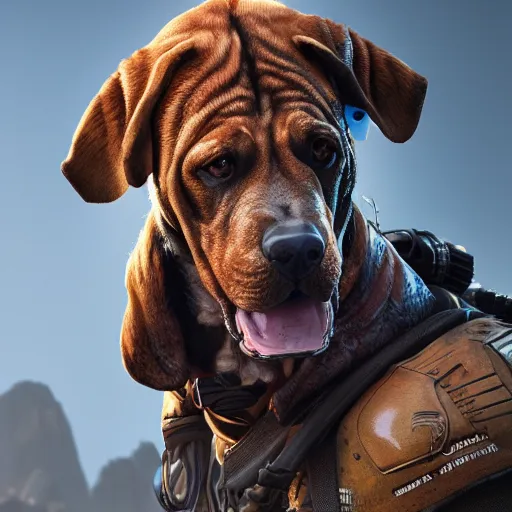 Image similar to photo realistic image of bloodhound from apex legends, stunning 3 d render inspired art by istvan sandorfi and greg rutkowski, character posing, complete body, realistic and detailed eyes, realistic, highly detailed attributes and atmosphere, dim volumetric cinematic lighting,