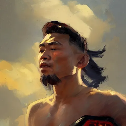 Image similar to greg manchess side portrait of a filipino mma fighter sitting on a tank, organic painting, sunny day, matte painting, bold shapes, hard edges, street art, trending on artstation, by huang guangjian, gil elvgren, ruan jia, randy vargas, greg rutkowski